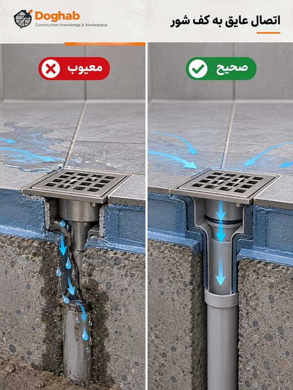 مقایسه اتصال صحیح و معیوب عایق رطوبتی به کف شور و نمایش مسیر احتمالی نفوذ آب