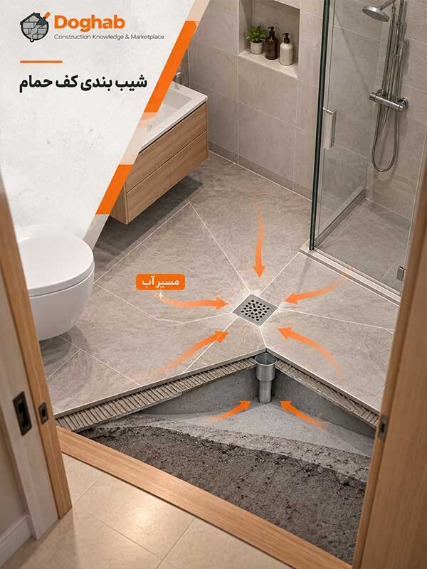 تصویر سه بعدی شیب بندی کف حمام و مسیر حرکت آب به سمت کف شور