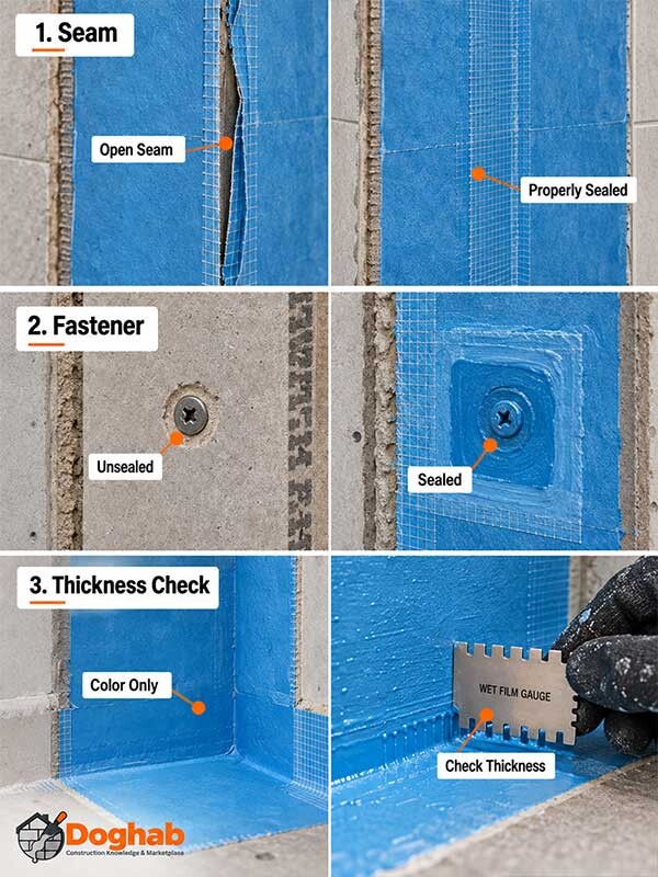 Close-up comparisons of shower waterproofing defects, including open seams, unsealed fasteners, and liquid membrane thickness checks.