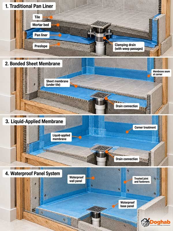 Comparison of four shower waterproofing systems: traditional pan liner, bonded sheet membrane, liquid membrane, and waterproof panels.