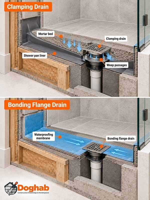 Cross-sectional comparison of a traditional clamping drain and a bonding flange drain, showing their waterproofing connections.