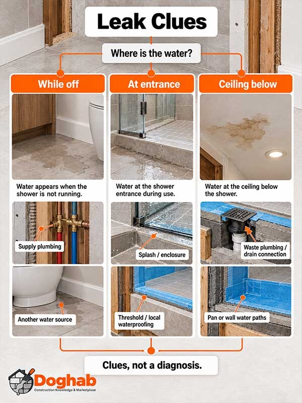 Visual troubleshooting guide showing possible sources of shower leaks based on when and where water appears.