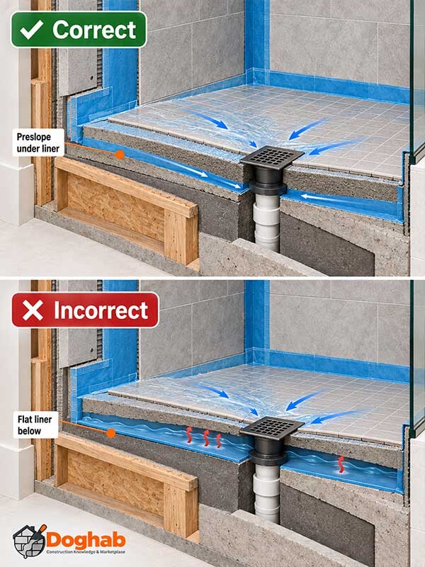 Correct and incorrect shower pan liner installations showing how preslope affects drainage beneath the tile.
