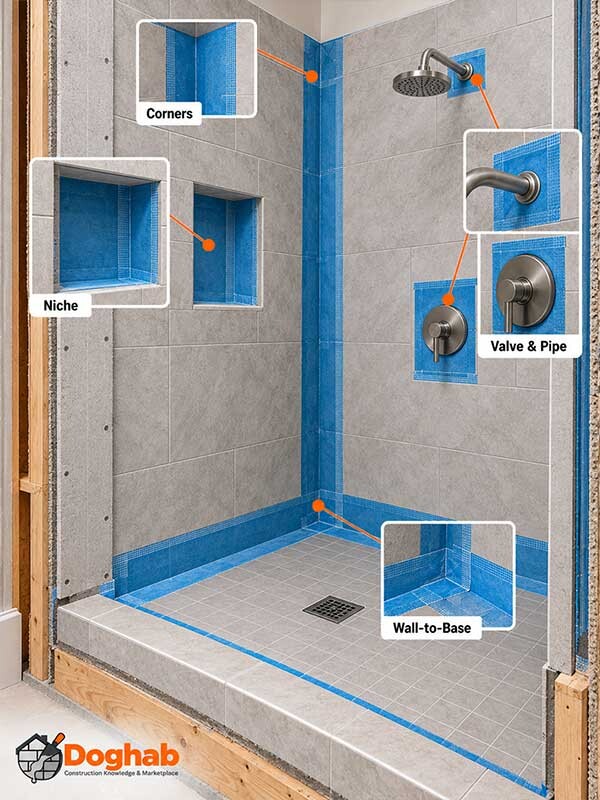 Shower waterproofing details highlighting corners, niches, plumbing penetrations, and wall-to-floor connections.