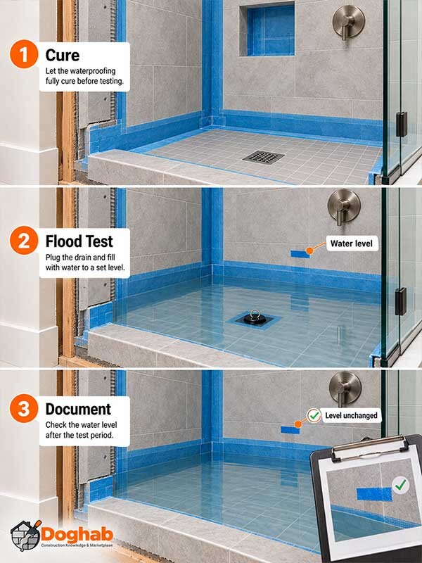 Three stages of shower waterproofing inspection: curing, flood testing, and documenting the water level.
