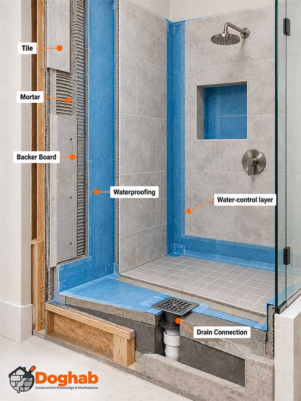 Cutaway view of a tiled shower showing the waterproofing membrane, mortar, backer board, and drain connection.